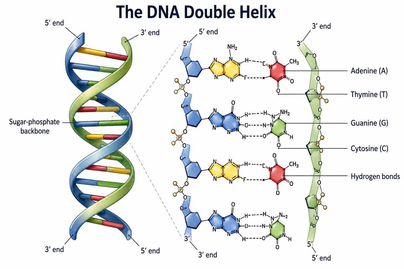 The DNA double helix shown as a right-handed coil on the left and partly unwound into a flat ladder on the right to reveal base pairing. The two antiparallel sugar-phosphate backbones run in opposite 5′-to-3′ directions; adenine pairs with thymine by two hydrogen bonds and guanine pairs with cytosine by three hydrogen bonds.