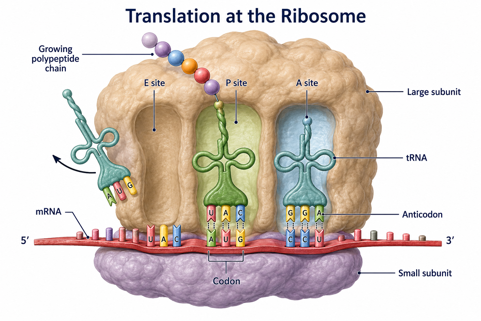 Translation at the ribosome. The large and small subunits hold an mRNA read 5′ to 3′, with three tRNA sites in order from the 5′ side: E (exit), P (peptidyl, holding the growing polypeptide), and A (aminoacyl, incoming). Each tRNA's anticodon base-pairs with its mRNA codon; the growing polypeptide chain extends from the P-site tRNA.