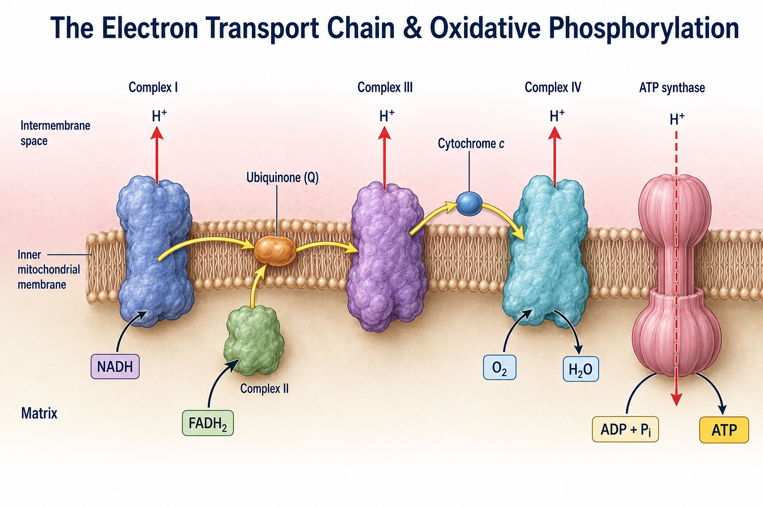 The electron transport chain in the inner mitochondrial membrane. NADH donates electrons at Complex I and FADH₂ at Complex II; electrons pass via ubiquinone (Q) to Complex III, then via cytochrome c to Complex IV, which reduces O₂ to H₂O. Complexes I, III, and IV pump H⁺ from the matrix into the intermembrane space; the resulting gradient drives H⁺ back through ATP synthase, which makes ATP from ADP + Pi.