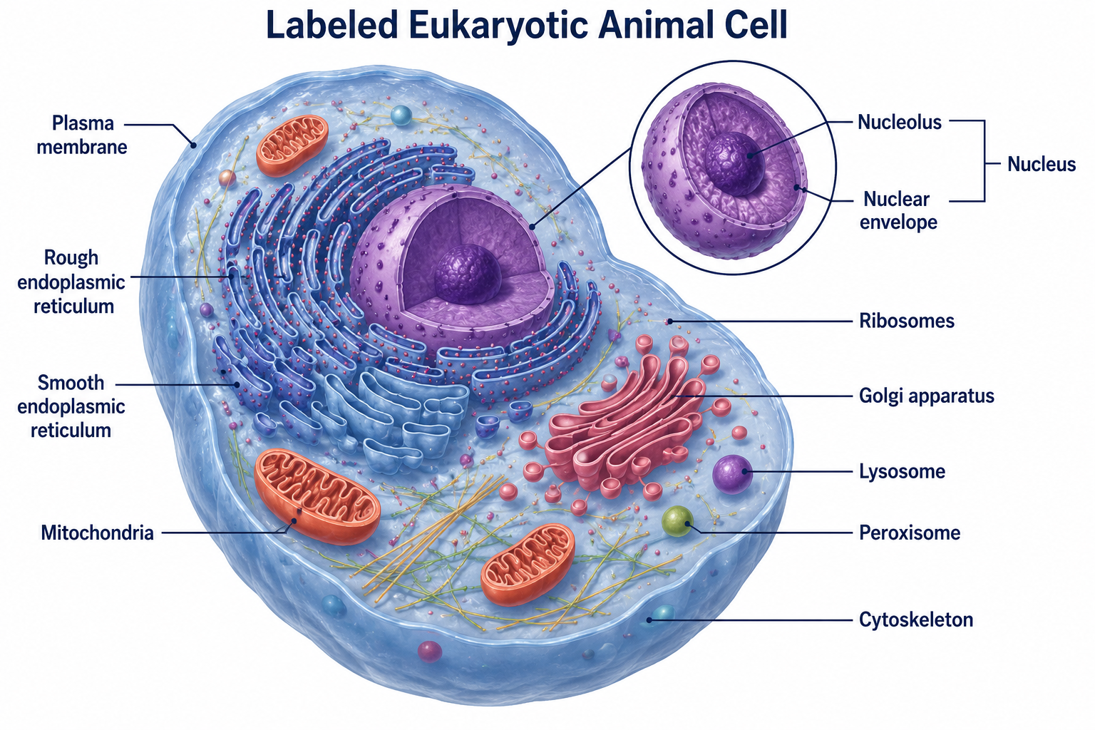 A labeled eukaryotic animal cell showing the plasma membrane, nucleus with nucleolus and nuclear envelope, rough and smooth endoplasmic reticulum, Golgi apparatus, mitochondria, ribosomes, a lysosome, a peroxisome, and the cytoskeleton.