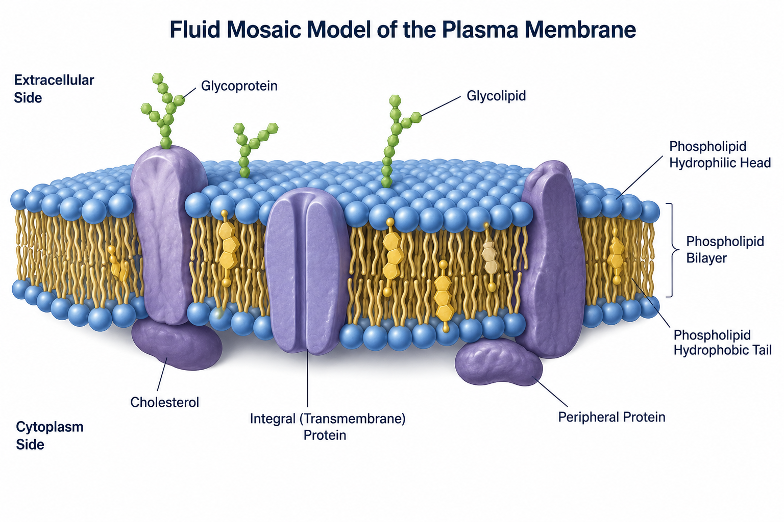 The fluid mosaic model of the plasma membrane: a phospholipid bilayer with hydrophilic heads facing the extracellular and cytoplasmic sides and hydrophobic tails packed inside, embedded with integral (transmembrane) and peripheral proteins, cholesterol wedged between the tails, and glycoproteins and glycolipids projecting from the extracellular face.
