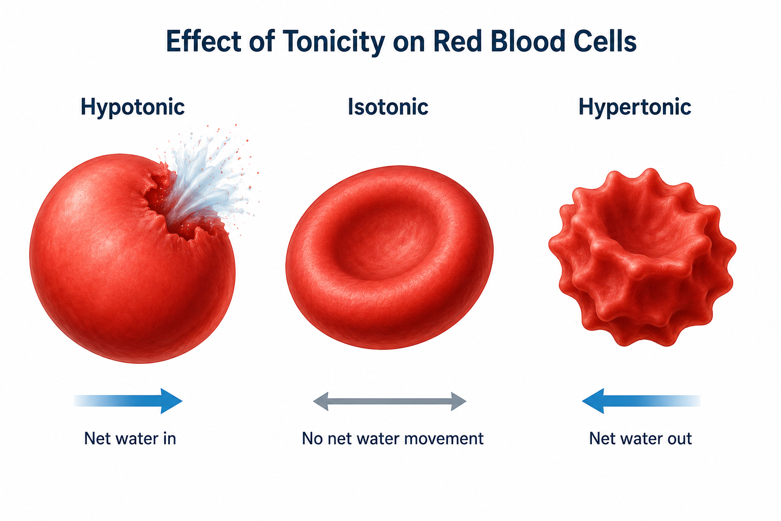 Three red blood cells showing the effect of tonicity. In a hypotonic solution water moves in and the cell swells and lyses; in an isotonic solution there is no net water movement and the cell keeps its normal biconcave shape; in a hypertonic solution water moves out and the cell shrivels (crenation).