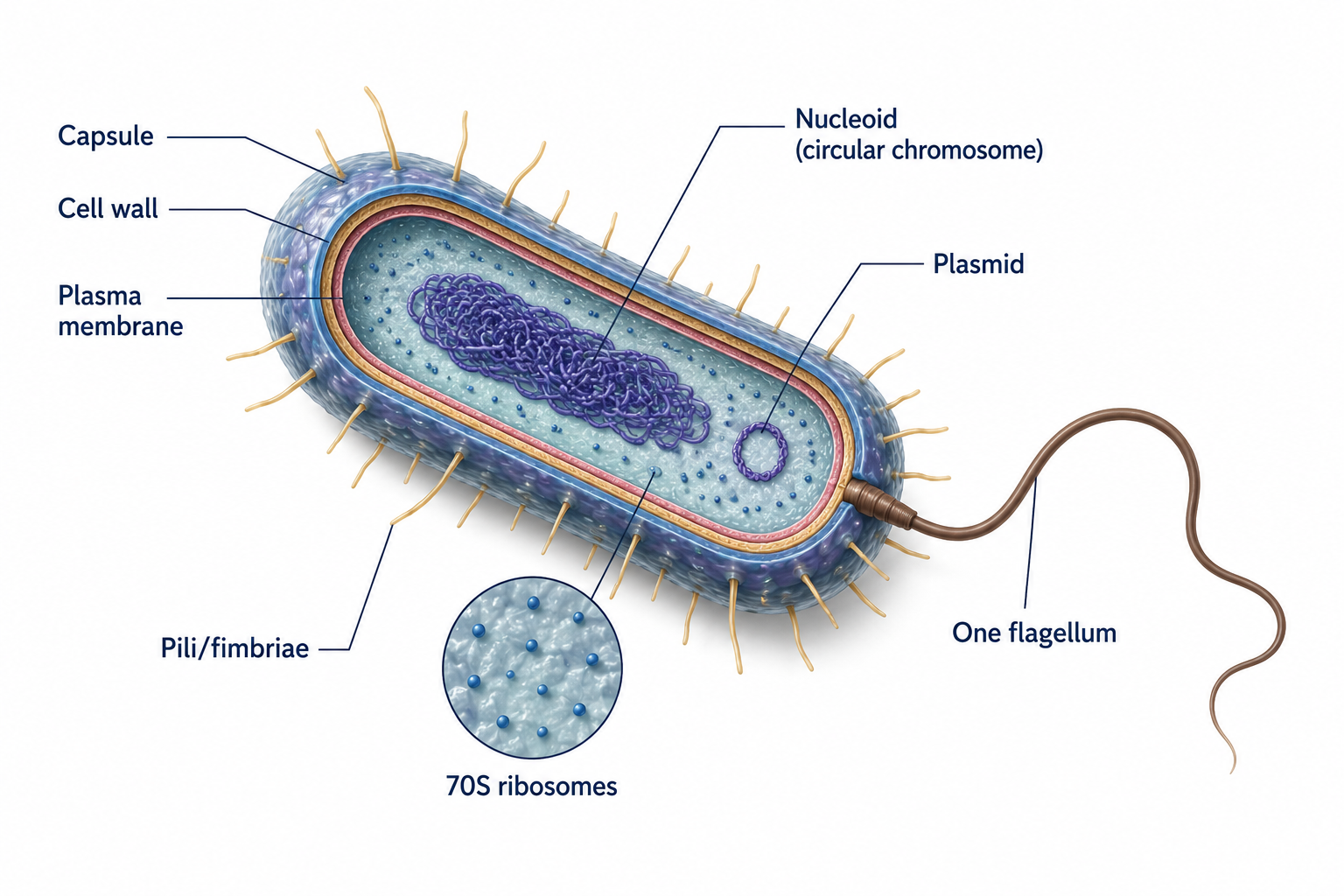 A labeled prokaryotic (bacterial) cell showing, from outside in, the capsule, cell wall, and plasma membrane, with a nucleoid (circular chromosome) and a separate smaller plasmid in the cytoplasm, 70S ribosomes, a single flagellum, and pili/fimbriae projecting from the surface.