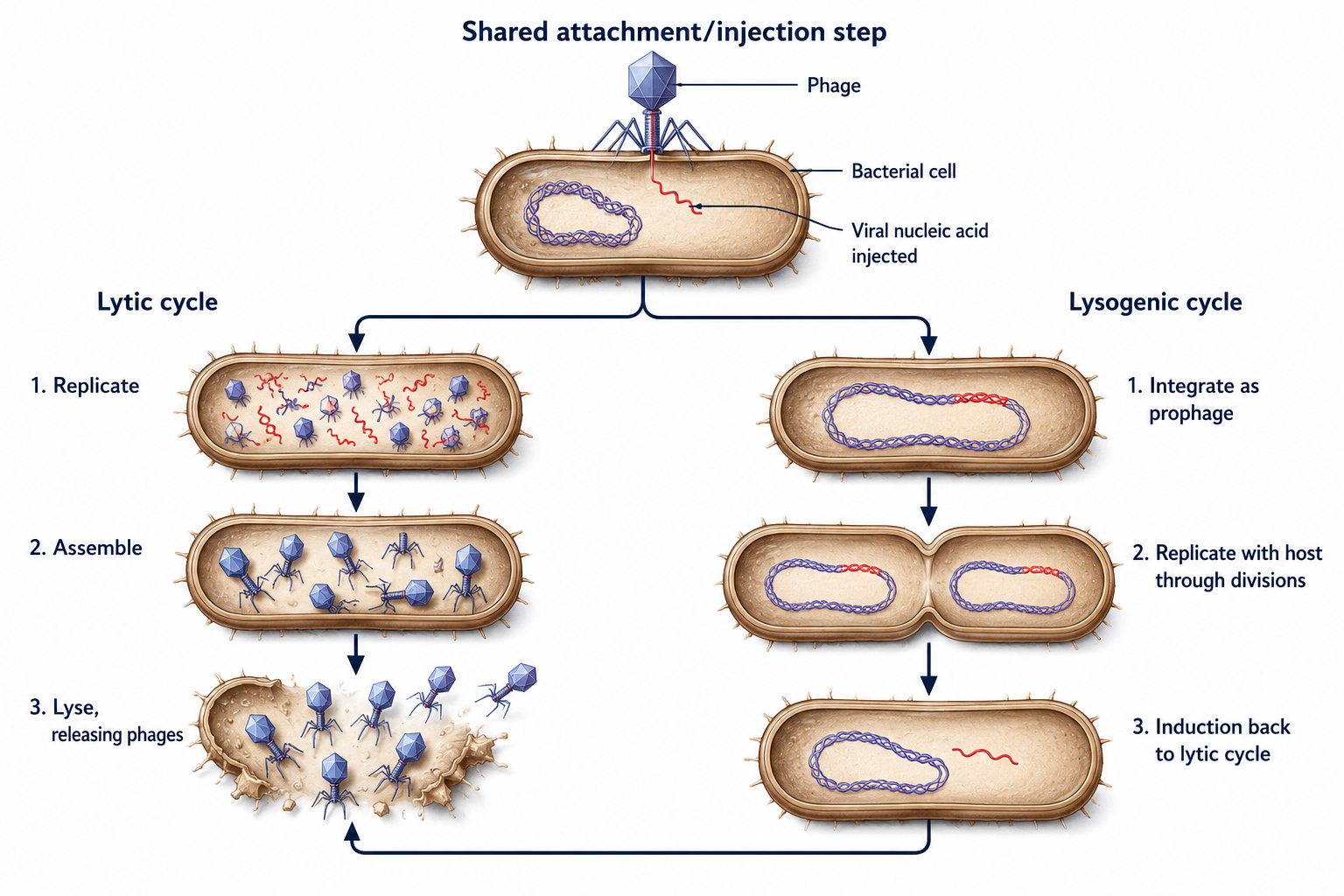 The bacteriophage lytic and lysogenic cycles sharing an attachment and injection step. The lytic cycle replicates the phage, assembles new particles, and lyses the host to release them. The lysogenic cycle integrates the phage genome as a prophage that replicates with the host through cell divisions until induction switches it back to the lytic cycle.