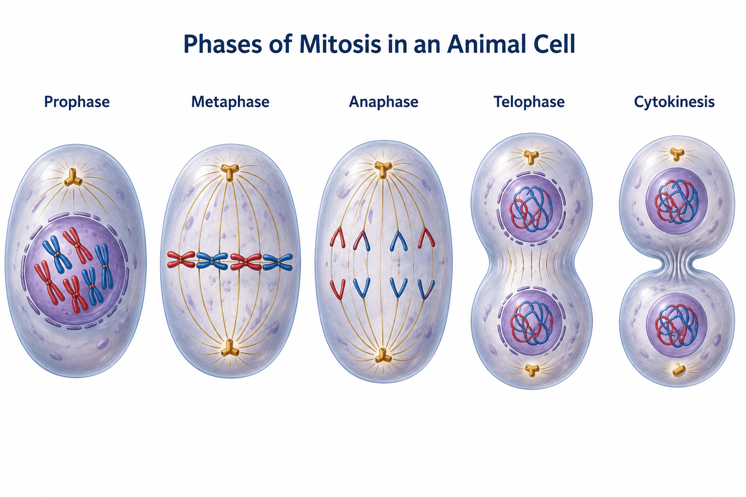 The phases of mitosis in an animal cell: prophase (chromosomes condense and the spindle forms), metaphase (chromosomes align single-file at the metaphase plate), anaphase (sister chromatids are pulled to opposite poles), telophase (two nuclear envelopes re-form), and cytokinesis (a cleavage furrow pinches the cell into two).