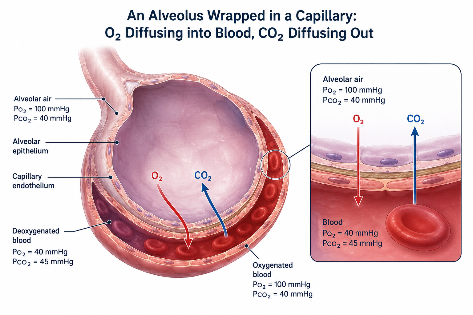 Gas exchange at an alveolus wrapped in a pulmonary capillary. Alveolar air (PO₂ ≈ 100 mmHg, PCO₂ ≈ 40 mmHg) sits across a thin alveolar epithelium and capillary endothelium from the blood. Deoxygenated blood arriving (PO₂ ≈ 40, PCO₂ ≈ 45 mmHg) takes up O₂ and releases CO₂, leaving as oxygenated blood (PO₂ ≈ 100, PCO₂ ≈ 40), with arrows showing each gas diffusing down its partial-pressure gradient.