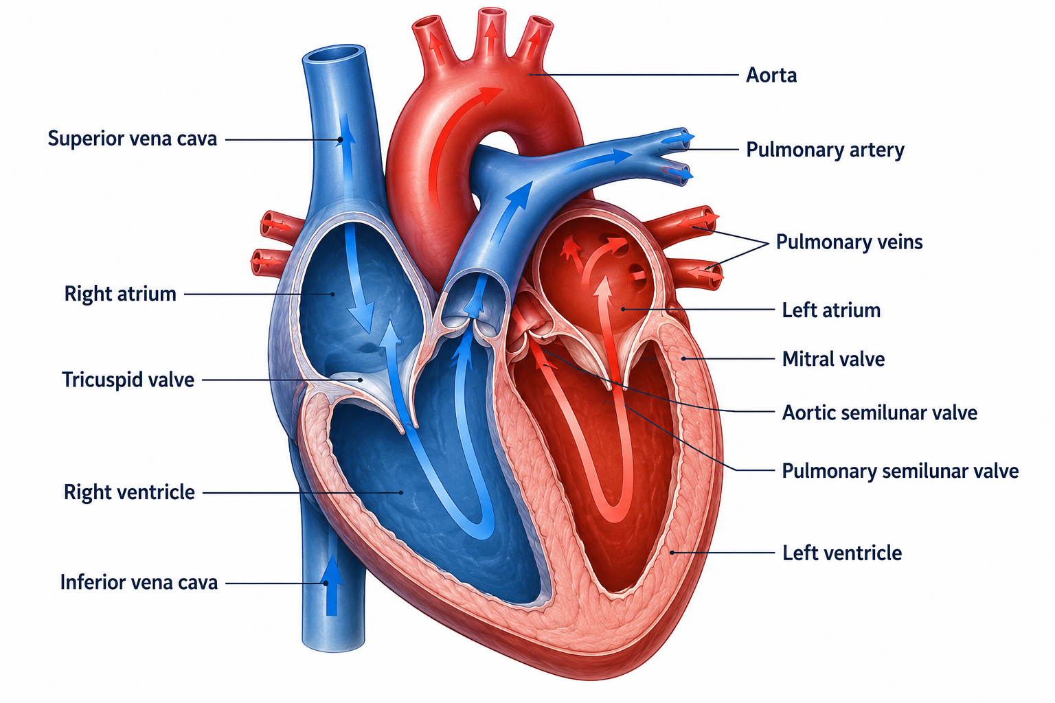 A cross-section of the four-chambered heart: the right atrium and right ventricle (deoxygenated, blue) and left atrium and left ventricle (oxygenated, red); the tricuspid and mitral (bicuspid) atrioventricular valves and the pulmonary and aortic semilunar valves; and the superior and inferior venae cavae, pulmonary artery, pulmonary veins, and aorta, with arrows tracing blood through the pulmonary and systemic circuits.