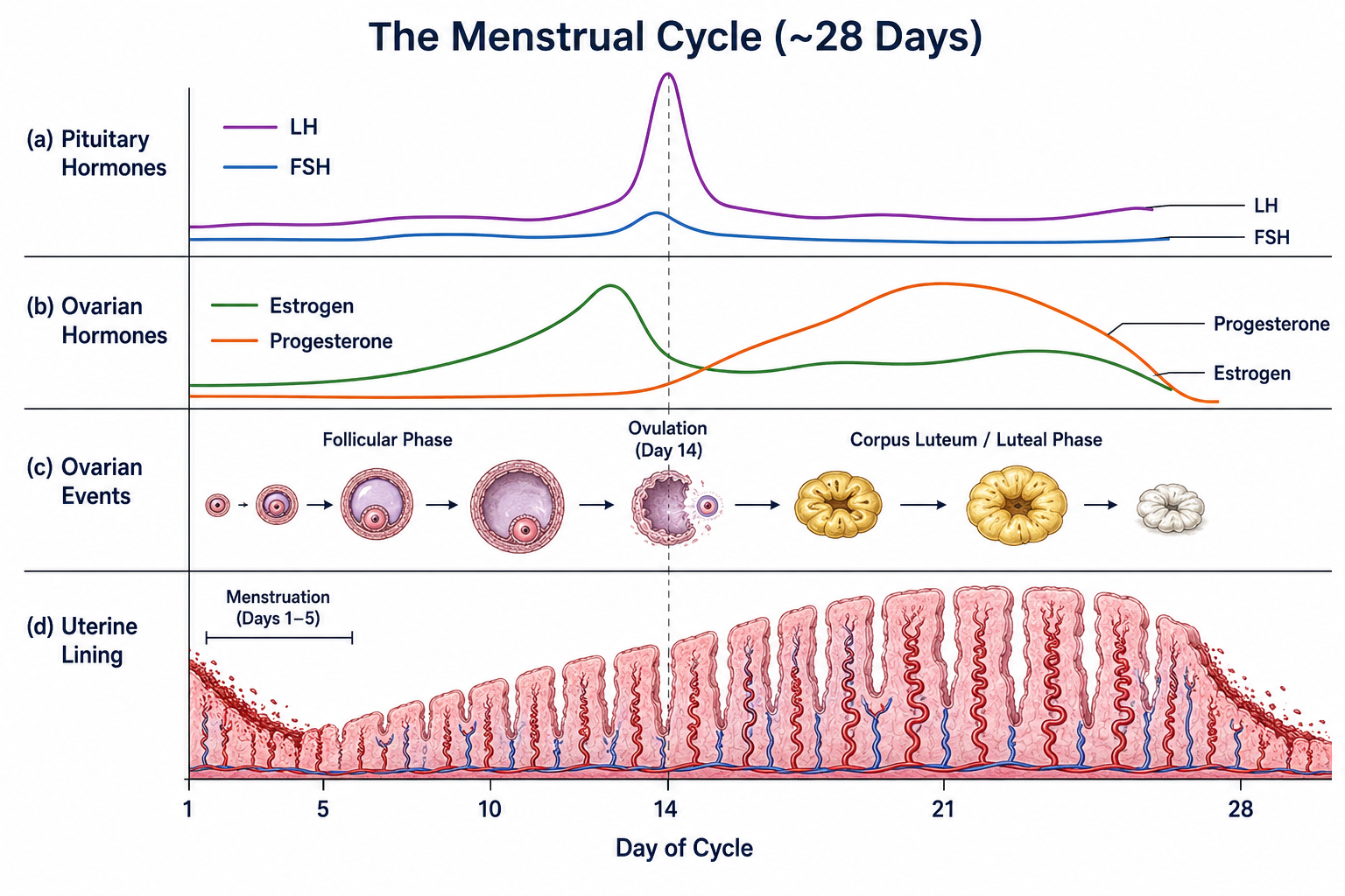 The menstrual cycle aligned on one ~28-day timeline in four rows: the pituitary hormones FSH and LH (with the sharp midcycle LH surge around day 14), the ovarian hormones estrogen (peaking just before ovulation) and progesterone (rising through the luteal phase), the ovarian events (follicular phase → ovulation on day 14 → corpus luteum / luteal phase), and the uterine lining thickening then shedding during menstruation (days 1–5).