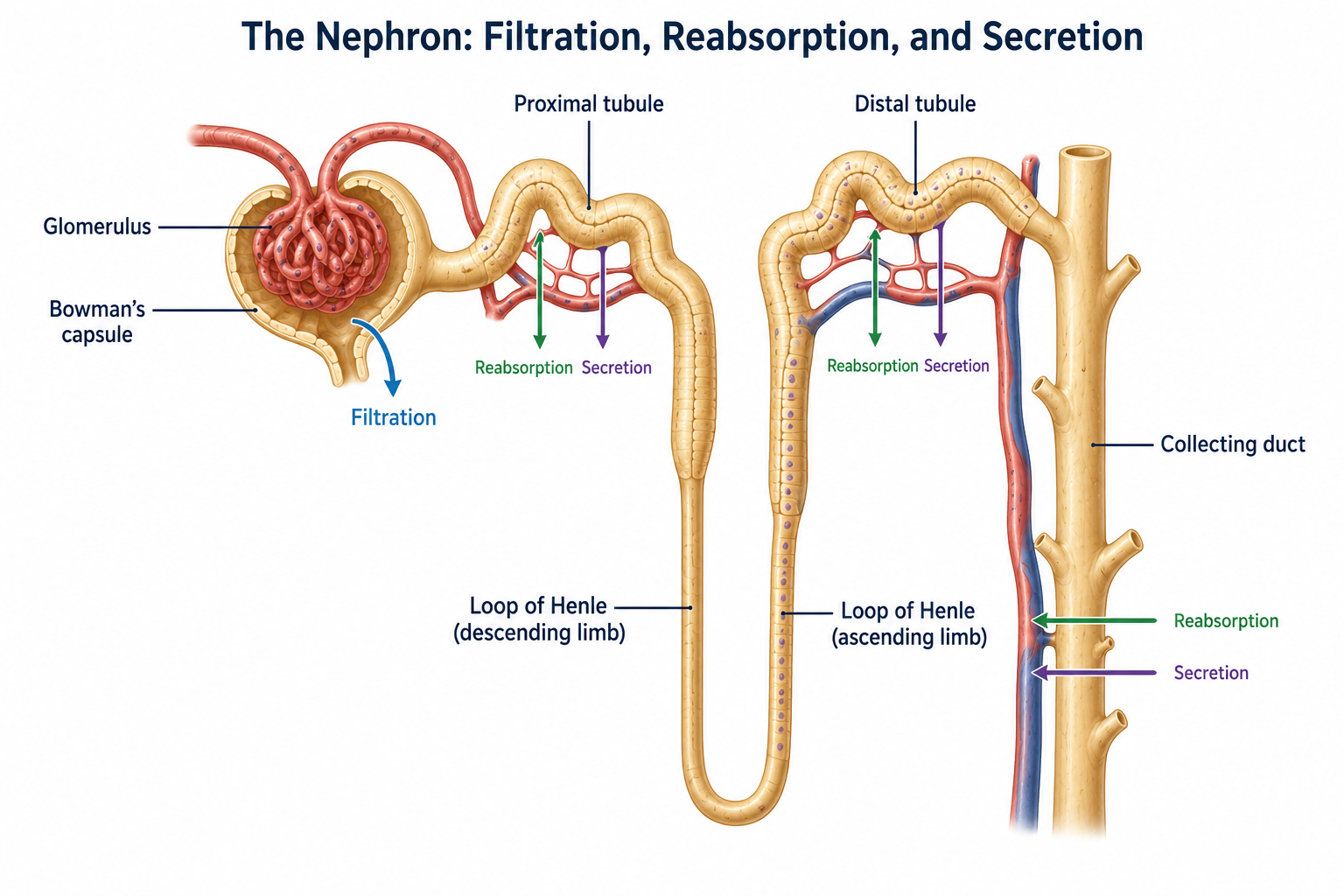A labeled nephron showing the glomerulus inside Bowman's capsule, the proximal convoluted tubule, the loop of Henle (descending and ascending limbs), the distal convoluted tubule, and the collecting duct, with the three processes marked: filtration at the glomerulus, reabsorption from the tubule back into the blood, and secretion from the blood into the filtrate.
