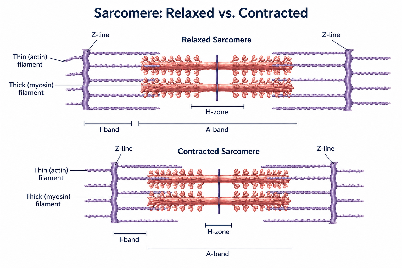 The sarcomere shown relaxed versus contracted, with thick (myosin) and thin (actin) filaments between two Z-lines and the I-band, A-band, and H-zone labeled. In the contracted sarcomere the I-band and H-zone are narrower while the A-band stays the same length, illustrating that the filaments slide past one another rather than shortening.
