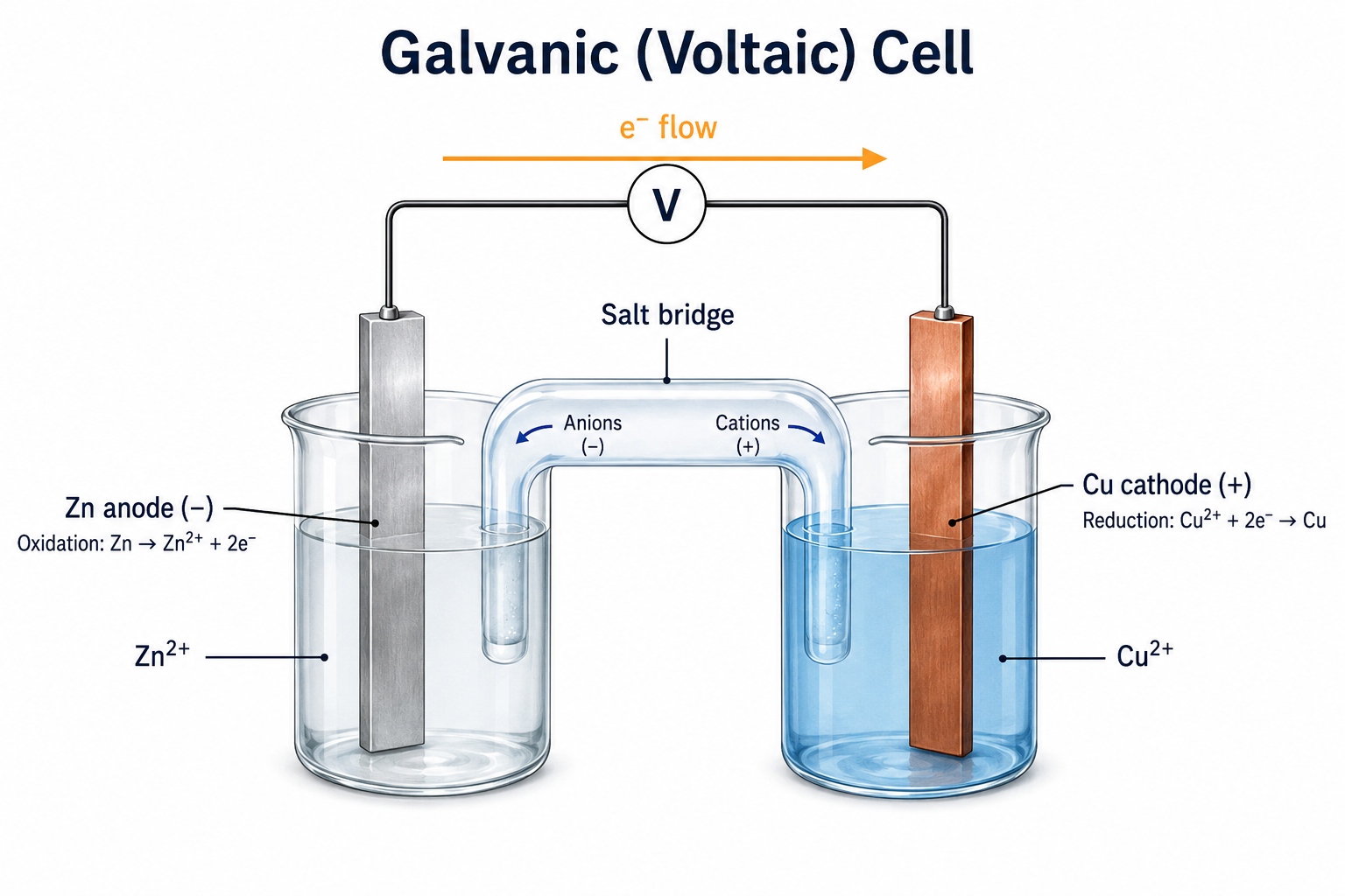 A galvanic cell: a zinc anode (negative) in Zn²⁺ solution undergoing oxidation on the left, a copper cathode (positive) in Cu²⁺ solution undergoing reduction on the right, electrons flowing through the external wire from anode to cathode, and a salt bridge carrying anions toward the anode and cations toward the cathode.