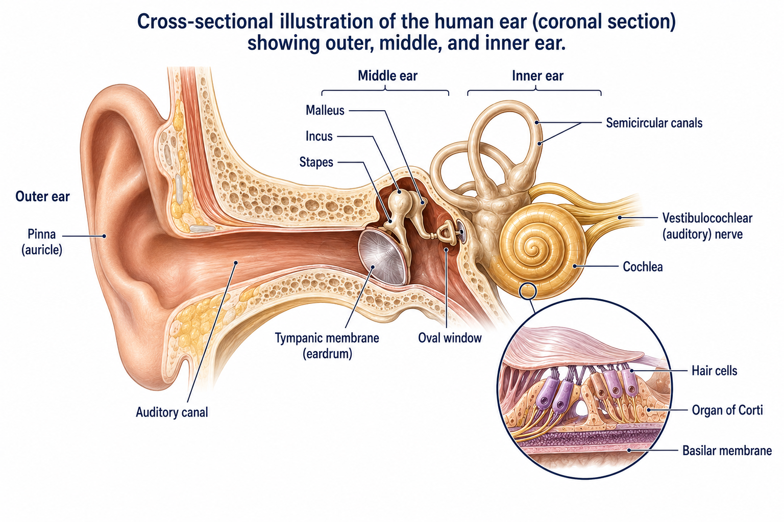 Cross-section of the human ear showing the outer ear (pinna, auditory canal), middle ear (tympanic membrane, malleus, incus, stapes, oval window), and inner ear (cochlea, semicircular canals, vestibulocochlear nerve), with an inset of the organ of Corti showing hair cells on the basilar membrane.
