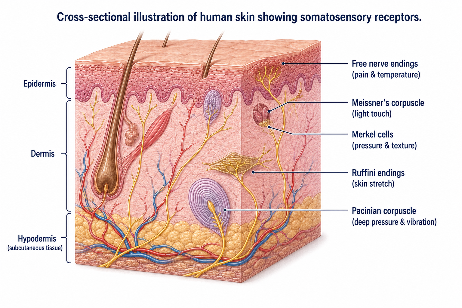 Cross-section of human skin (epidermis, dermis, hypodermis) showing somatosensory receptors at their characteristic depths: free nerve endings reaching into the epidermis (pain and temperature), Merkel cells at the epidermal base (pressure and texture), Meissner's corpuscle in the upper dermis (light touch), Ruffini endings in the dermis (skin stretch), and the deep, onion-layered Pacinian corpuscle (deep pressure and vibration).