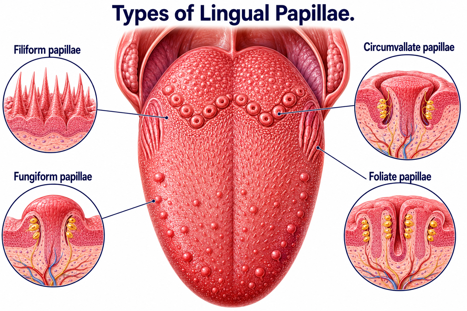 Top-down view of the tongue showing the four types of lingual papillae at their locations — filiform across the surface, fungiform scattered on the tip and sides, circumvallate in a V-shaped row at the back, and foliate on the posterior lateral edges — each with a cross-section inset. Taste buds are shown in the fungiform, circumvallate, and foliate papillae; filiform papillae have none.