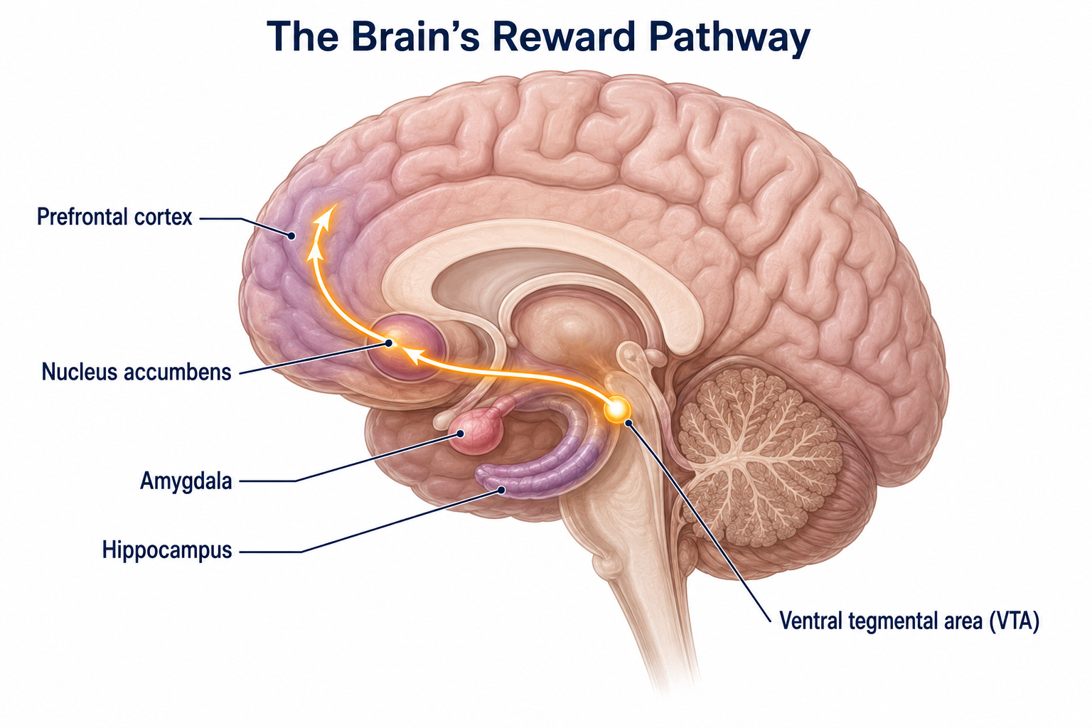 Medial view of the brain showing the mesolimbic dopamine reward pathway running from the ventral tegmental area (VTA) to the nucleus accumbens and prefrontal cortex, with the amygdala and hippocampus labeled.