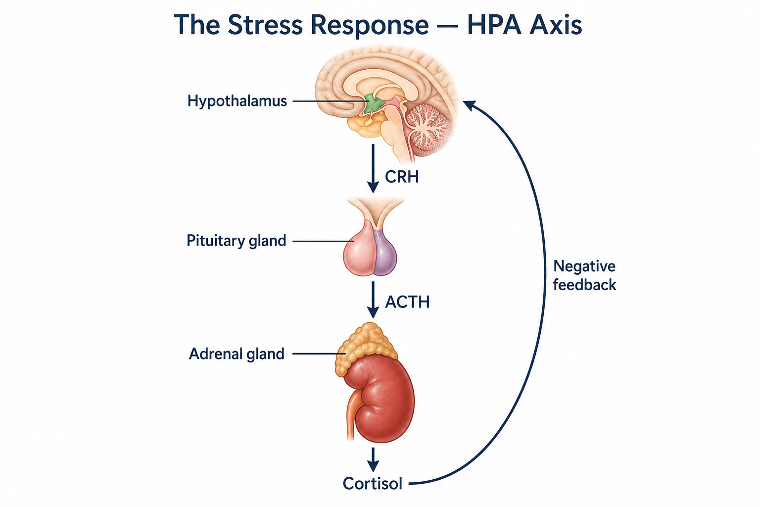 Diagram of the HPA (hypothalamic-pituitary-adrenal) axis: the hypothalamus releases CRH, stimulating the pituitary to release ACTH, which stimulates the adrenal gland to release cortisol, with a negative-feedback loop from cortisol back to the hypothalamus and pituitary.