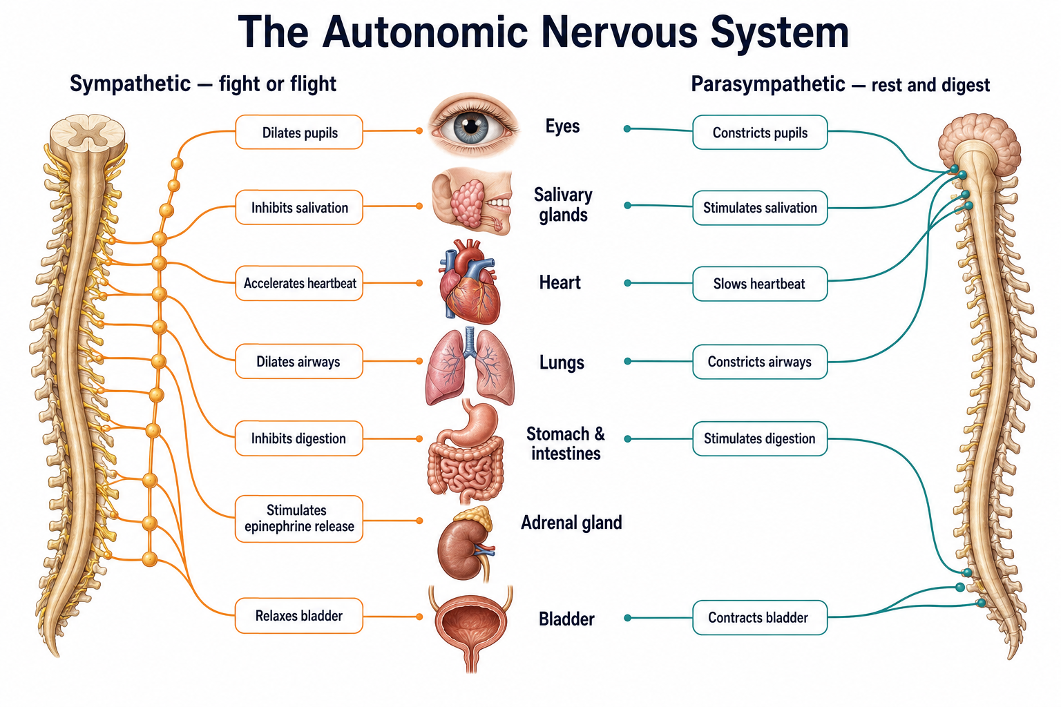 The autonomic nervous system contrasting the sympathetic ('fight or flight') and parasympathetic ('rest and digest') effects on target organs: pupils (dilate vs constrict), salivation (inhibit vs stimulate), heart (accelerate vs slow), airways (dilate vs constrict), digestion (inhibit vs stimulate), the adrenal gland (stimulate epinephrine release), and the bladder (relax vs contract).