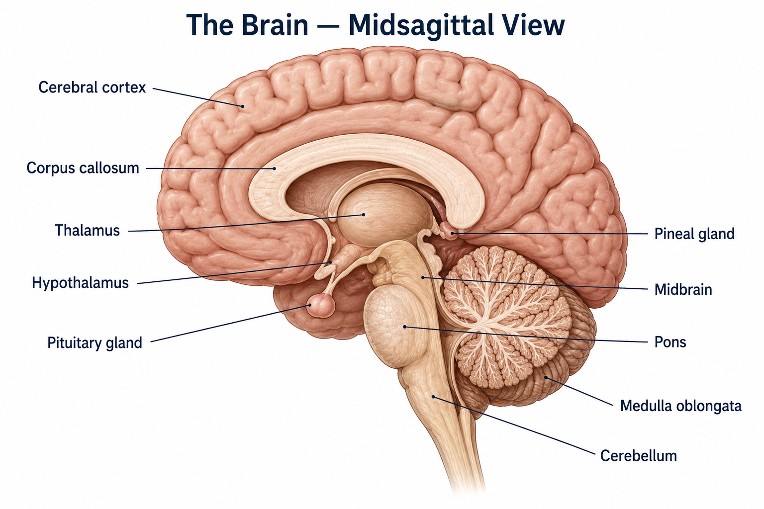 Midsagittal section of the brain labeling the cerebral cortex, corpus callosum, thalamus, hypothalamus, pituitary gland, pineal gland, and the brainstem divided into midbrain, pons, and medulla oblongata, with the cerebellum at the back.