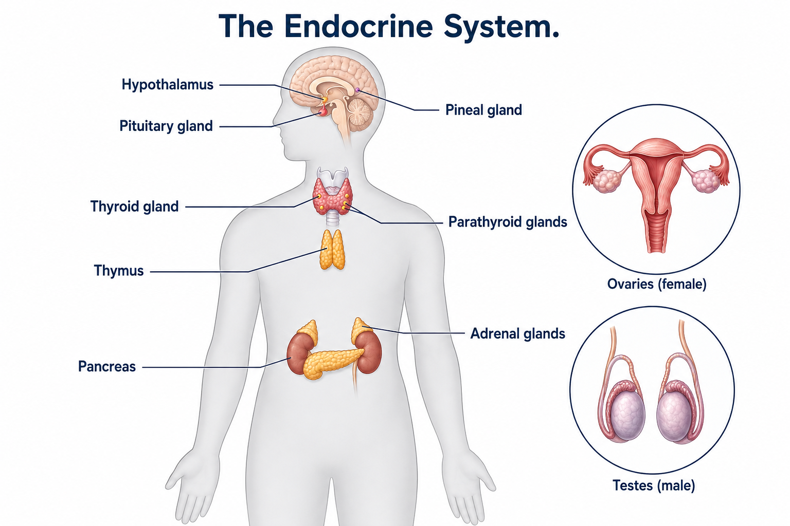 The endocrine system showing the major glands: hypothalamus, pituitary gland, pineal gland, thyroid gland, parathyroid glands, thymus, adrenal glands, pancreas, and the gonads (ovaries in females, testes in males).