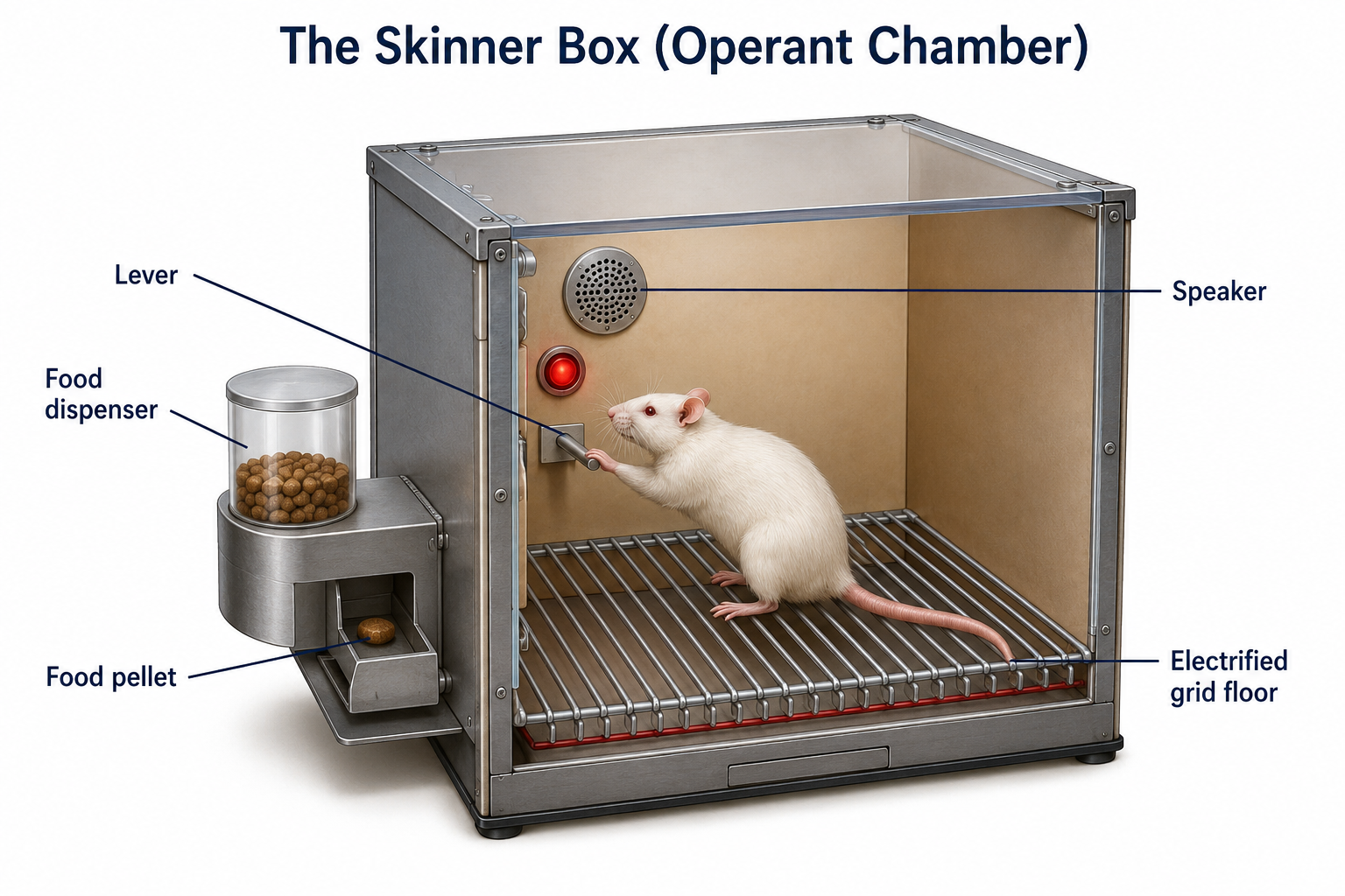 Cutaway illustration of a Skinner box (operant chamber) with a rat pressing a lever, labeling the lever, food dispenser, food pellet, speaker, and electrified grid floor.